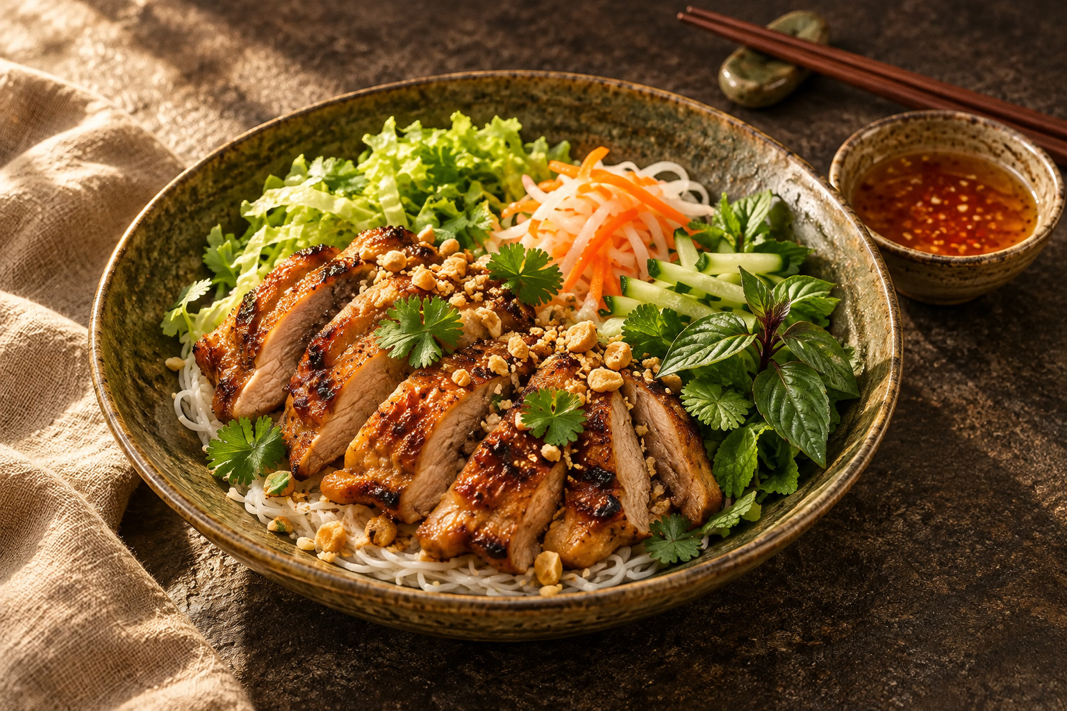 Bún Gà Nướng mit gegrilltem Hähnchen – Serviervorschlag