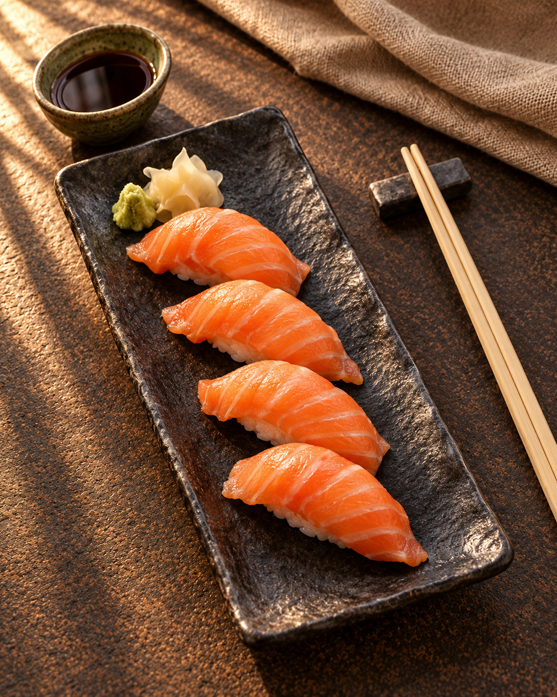 Lachs-Nigiri auf dunkler Keramik – Serviervorschlag